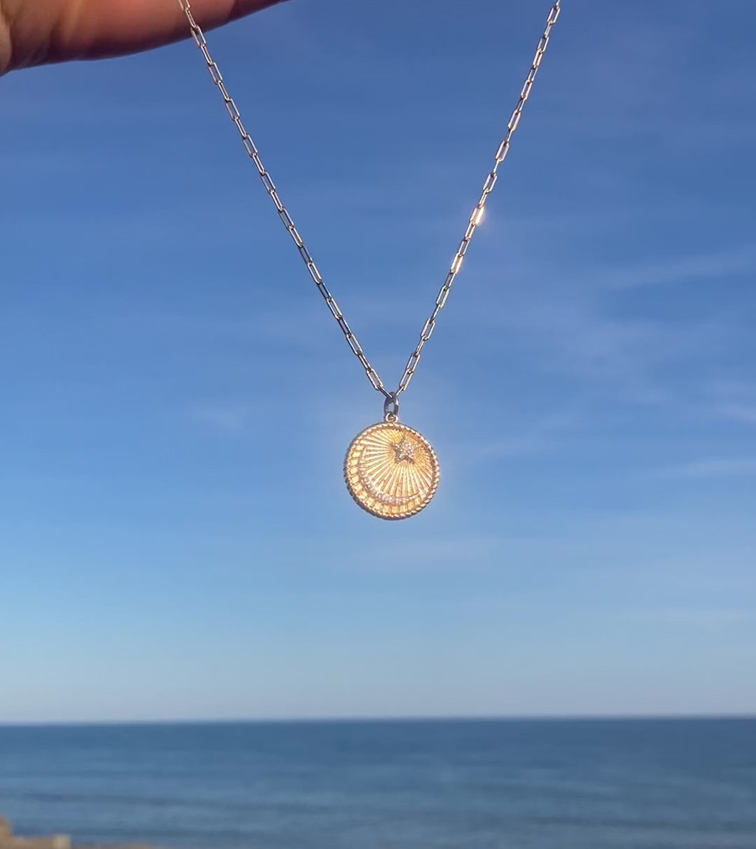 gold filled celestial medallion and paperclip chain